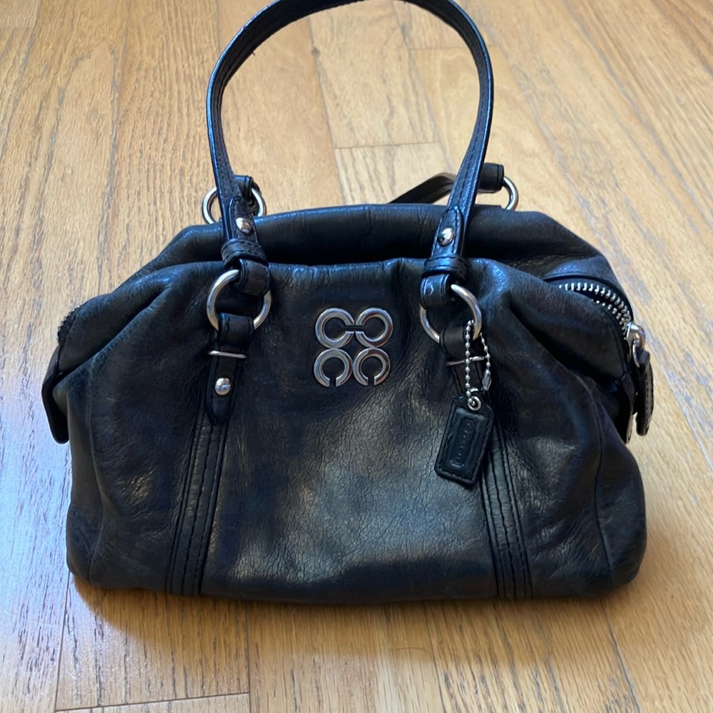 Coach Metallic Black Satchel with Textured Leather and Rolled Handles